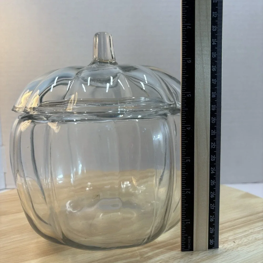 Clear Glass Pumpkin Cookie Jar Canister w/ Lid, 32 oz, 9.5 in Tall